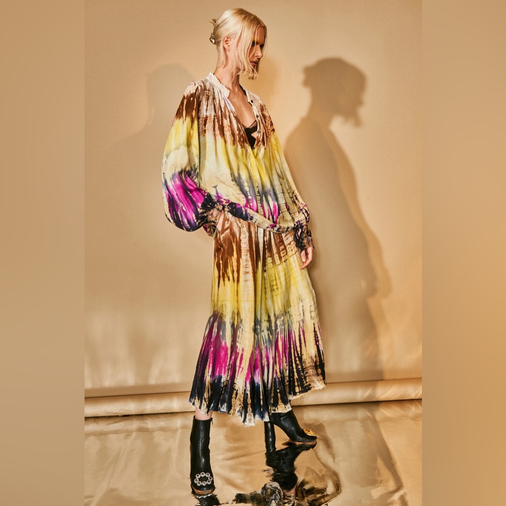 New! Raquel Allegra Frida Tie Dye Pink, Brown & Yellow Midi Skirt 💛 Small NWT!! - Picture 5 of 16